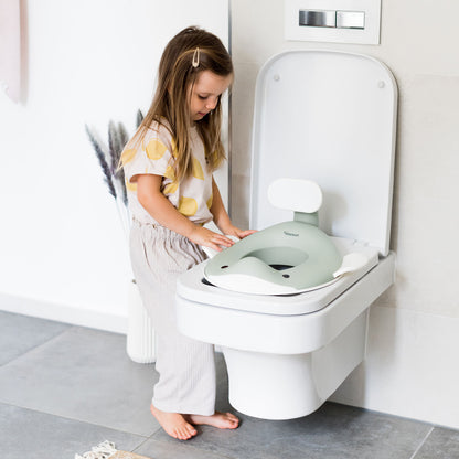 Kindsgut – Kind setzt den pistaziengrünen Wal-Aufsatz auf eine Toilette