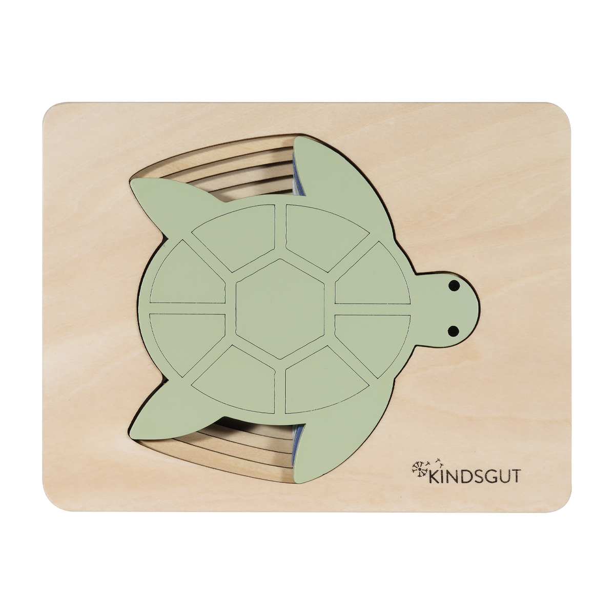 Kindsgut – Holzpuzzle mit fünf Schildkrötenformen im Rahmen